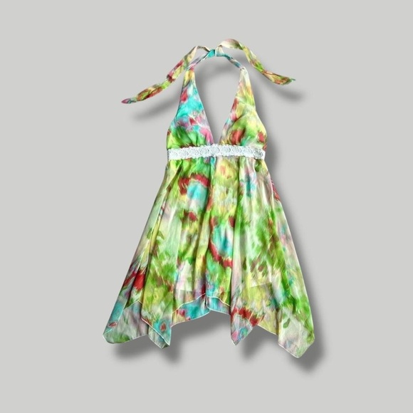 Fairycore mini asymmetrical chiffon lace empire waist babydoll halter dress M - Picture 7 of 8